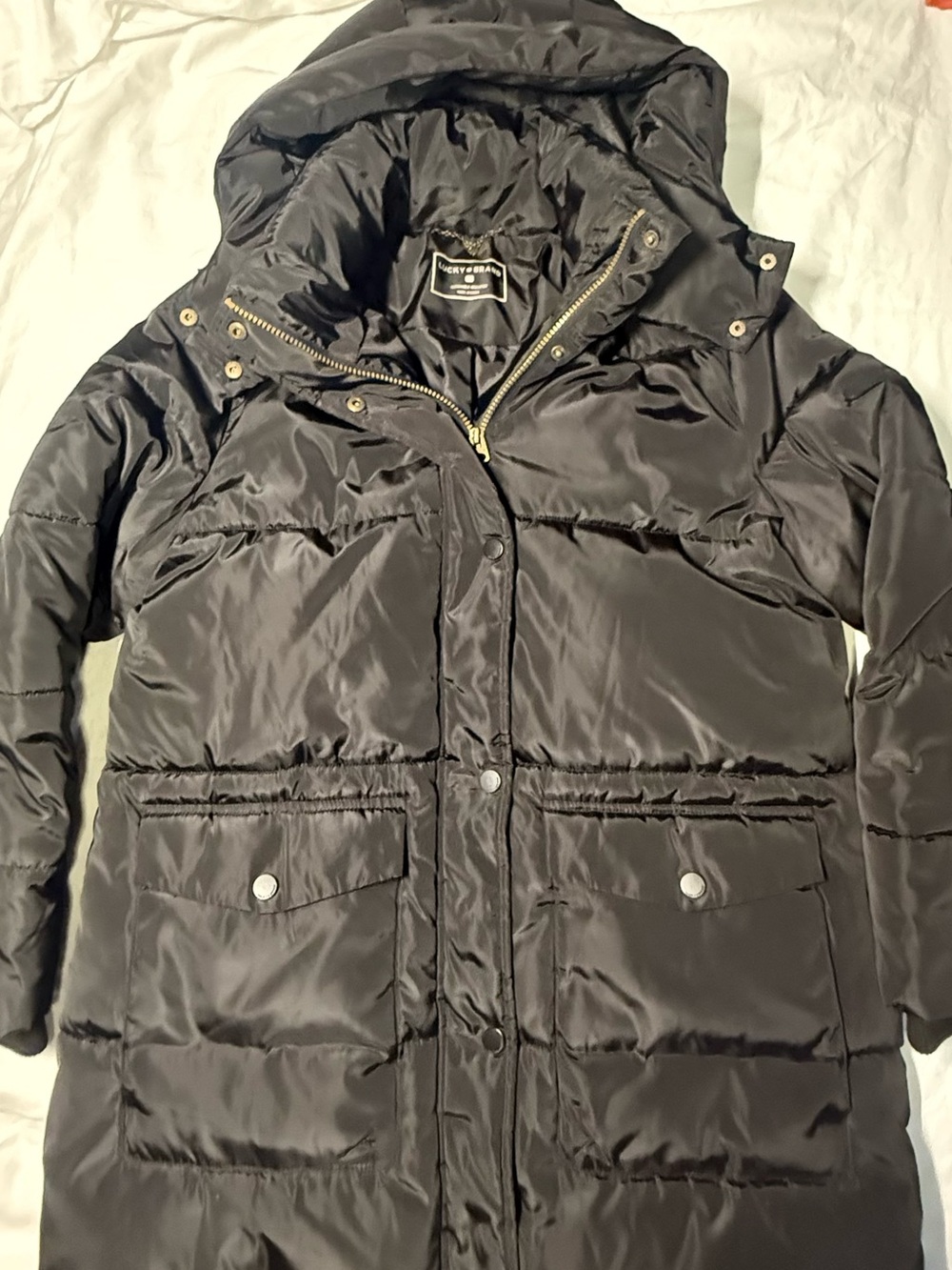 Lucky Brand Sustainable Insulation Puffer Coat Black Hooded Women’s Lg Zip Up